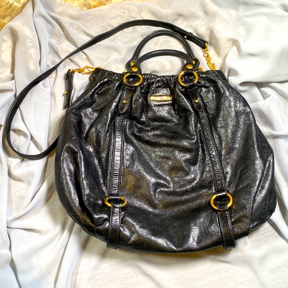 AUTH MIUMIU Vitello Lux Gathered Shopper Shine Bag - Picture 14 of 16